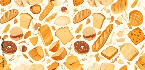 Seamless Pattern of Line Art Doodles Featuring Breads, Pastries, and Buns in Earthy Tones on White Background