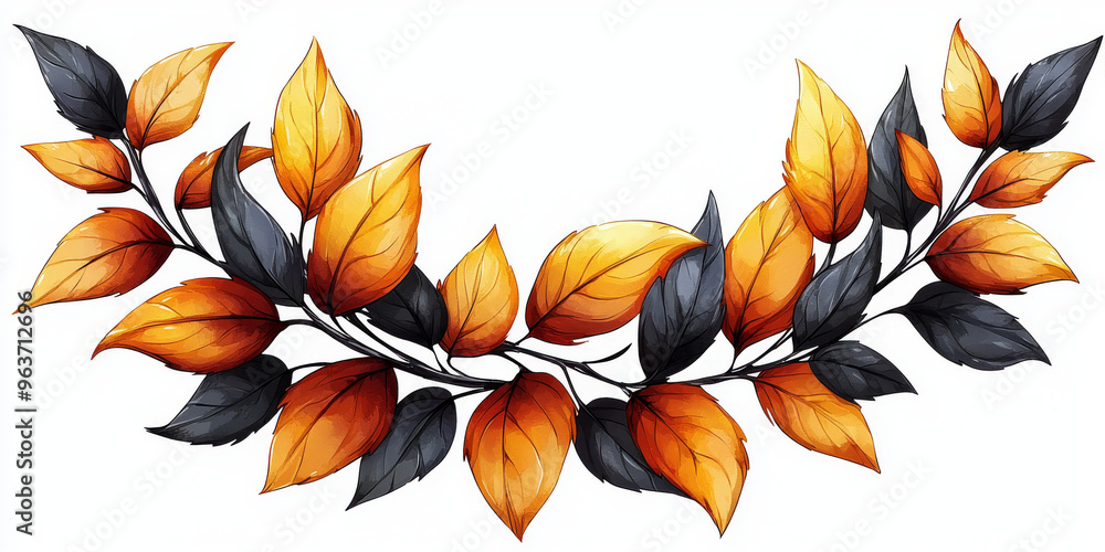 Fototapeta premium A branch with autumn leaves in shades of orange and black.