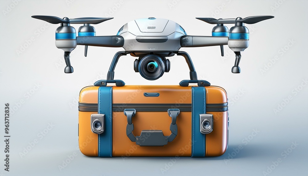 3d illustration suitcase with on the drone and camera isolated on white, travel concept 3d illustration suitcase with on the drone and camera isolated on white, travel concept