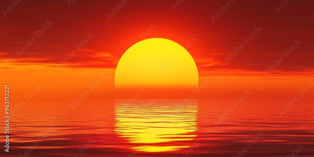 Vibrant Fiery Sunset with Glowing Orange Sun Over Tranquil Ocean Waters Vibrant Fiery Sunset with Glowing Orange Sun Over Tranquil Ocean Waters