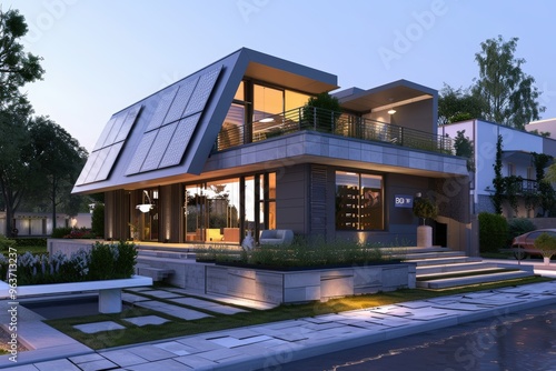 Modern Sustainable House with Solar Panels, Geometric Design, and Green Roof in a Stylish Urban Neighborhood