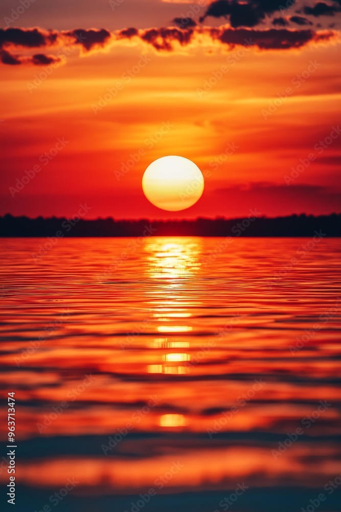 Intense Fiery Sunset Over Ocean with Deep Red and Orange Hues Reflecting on the Water Intense Fiery Sunset Over Ocean with Deep Red and Orange Hues Reflecting on the Water