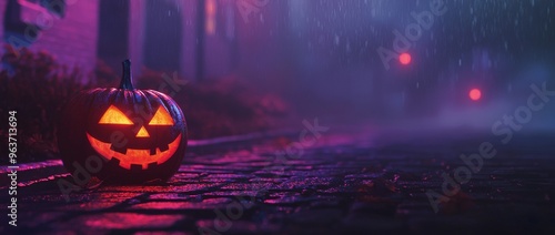 A spookily lit Jack o' Lantern pumpkin in a haunting cityscape background with copy space for text will add a haunted atmosphere to your Halloween video game concept photo