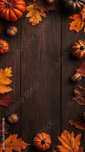 The Autumn Leaves, Gourds, and Acorns wallpaper is a Thanksgiving decor paper with a dark wood background. The paper features festive fall decorations, seasonal harvest elements, rustic holiday