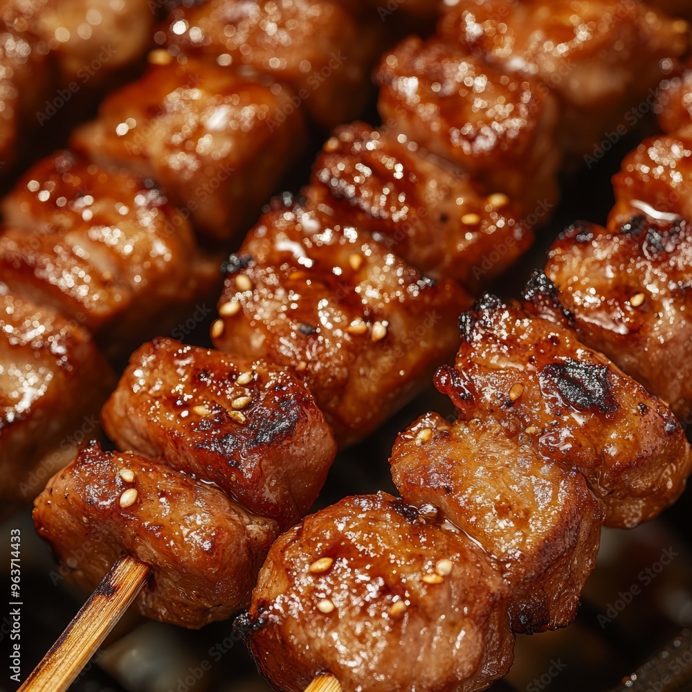 Crispy Grilled Pork Skewers: Close-up 4K Photo Crispy Grilled Pork Skewers: Close-up 4K Photo
