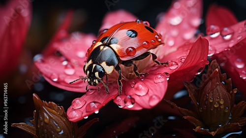 ladybug on red flower petal with water drops close up, A ladybug sitting on a red flower on blurred background