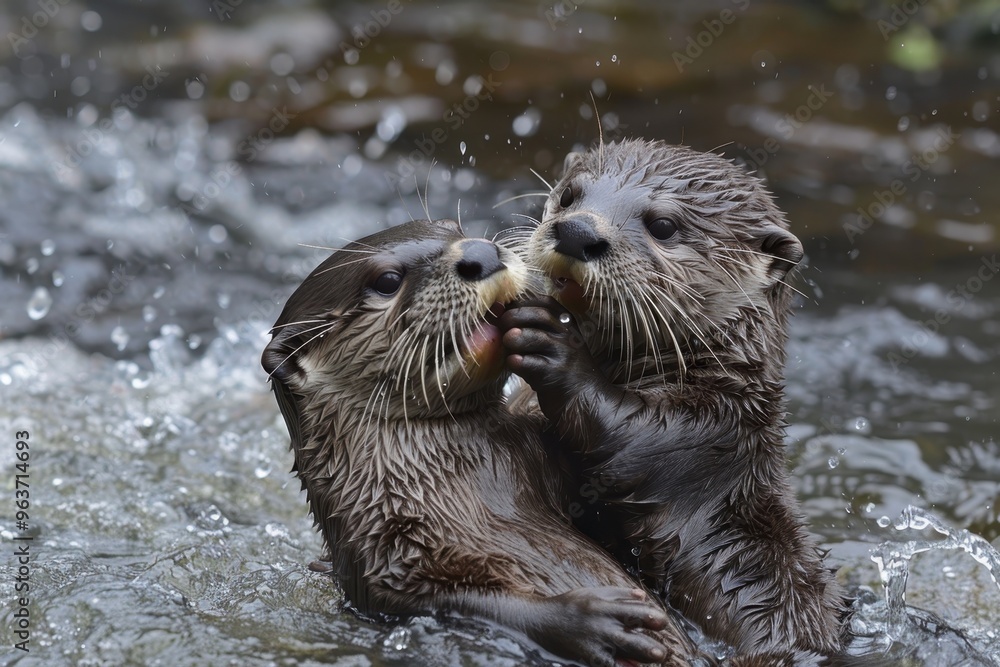 Playful otters engaging in a friendly interaction in a tranquil water setting during a sunny day, showcasing their natural behaviors in the wild Playful otters engaging in a friendly interaction in a tranquil water setting during a sunny day, showcasing their natural behaviors in the wild