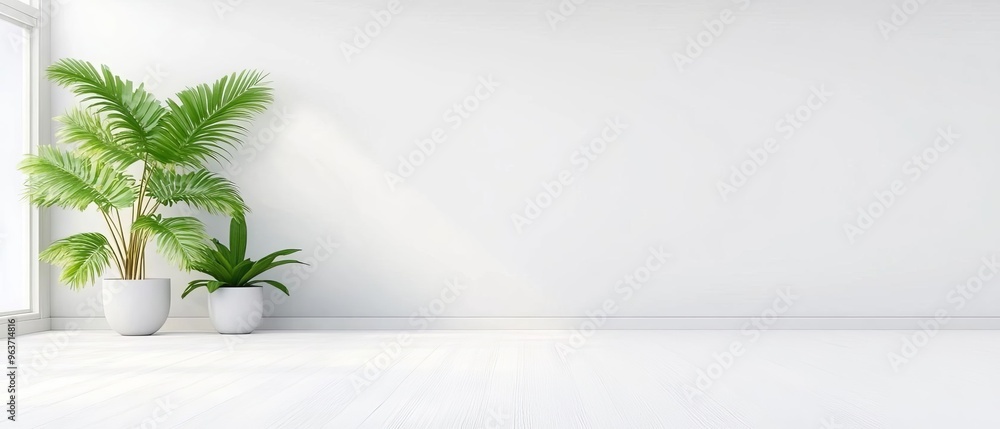 A minimalist office scene with a focus on ecofriendly materials and a blank wall space for text copy A minimalist office scene with a focus on ecofriendly materials and a blank wall space for text copy