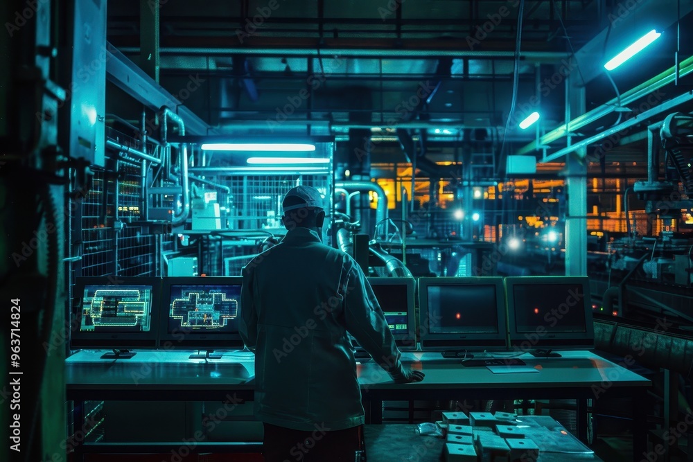Workers engaged in various tasks inside a bustling factory in the evening, showcasing machinery and workstations in a well-lit industrial setting Workers engaged in various tasks inside a bustling factory in the evening, showcasing machinery and workstations in a well-lit industrial setting