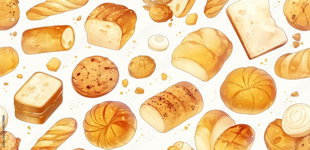 Seamless Pattern of Line Art Doodles Featuring Breads, Pastries, and Buns on White Background Seamless Pattern of Line Art Doodles Featuring Breads, Pastries, and Buns on White Background