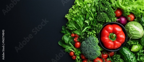 Fresh and vibrant assortment of vegetables featuring greenery and ripe tomatoes on a dark background.