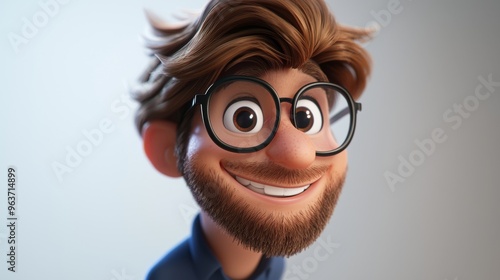 This cartoon character of a man with big glasses, a blue shirt, and a smile is perfect to represent happy character design or positive expressions