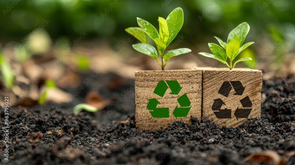ECO-FRIENDLY CONCEPT: Wooden Blocks adorned with green symbols and ...