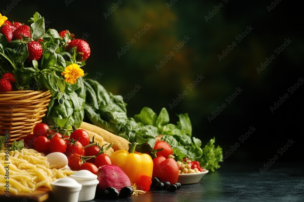A vibrant arrangement of fresh vegetables and fruits on a dark background, perfect for healthy recipes and food photography. A vibrant arrangement of fresh vegetables and fruits on a dark background, perfect for healthy recipes and food photography.