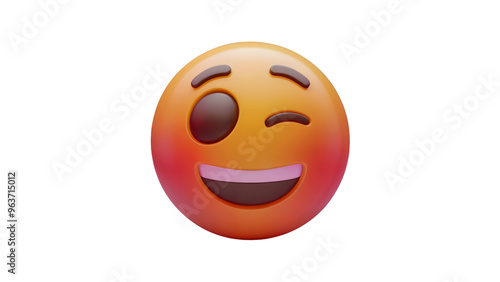 A 3D rendering of a winking smiley face emoji with a broad grin and rosy cheeks