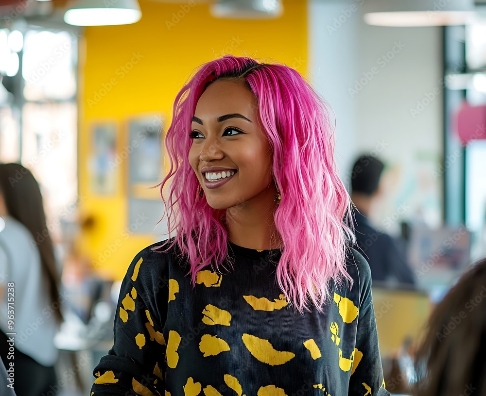 Joyful interaction in a creative office with a mixed-race woman sporting pink hair. Joyful interaction in a creative office with a mixed-race woman sporting pink hair.