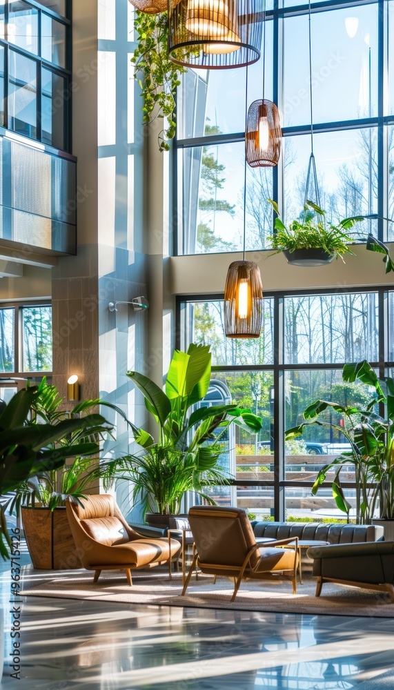 Fototapeta premium Modern Hotel Lobby with Natural Light, Energy Efficient Lighting, and Green Indoor Plants
