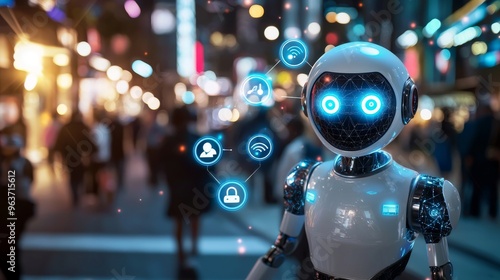 An AI robot with the functionality of a digital interface in an urban setting demonstrating advanced stock concepts and interaction