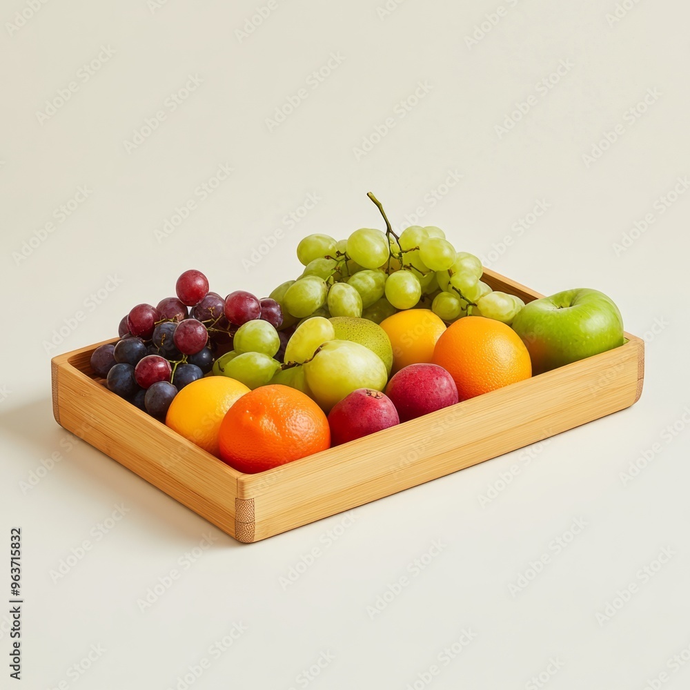Bamboo Tray with Fresh Fruit on Cream Background Bamboo Tray with Fresh Fruit on Cream Background