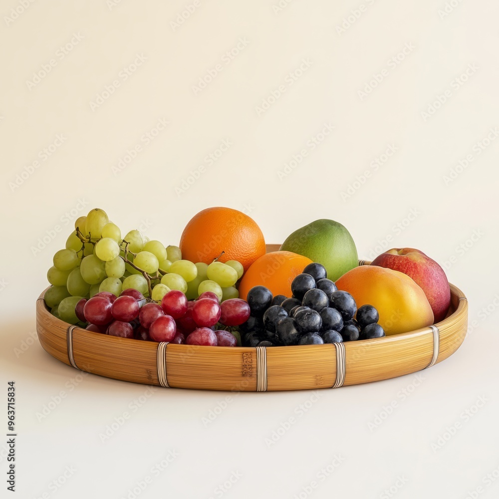 Elegant Bamboo Tray with Fresh Fruit on Creamy Background Elegant Bamboo Tray with Fresh Fruit on Creamy Background