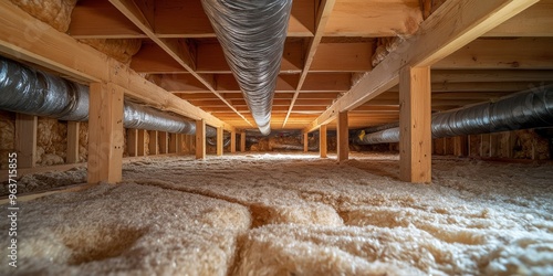 Fototapeta Naklejka Na Ścianę i Meble -  The photograph provides a comprehensive view of a crawl space that highlights the intricate arrangement of mechanical piping and insulation located within the structural confines of a home