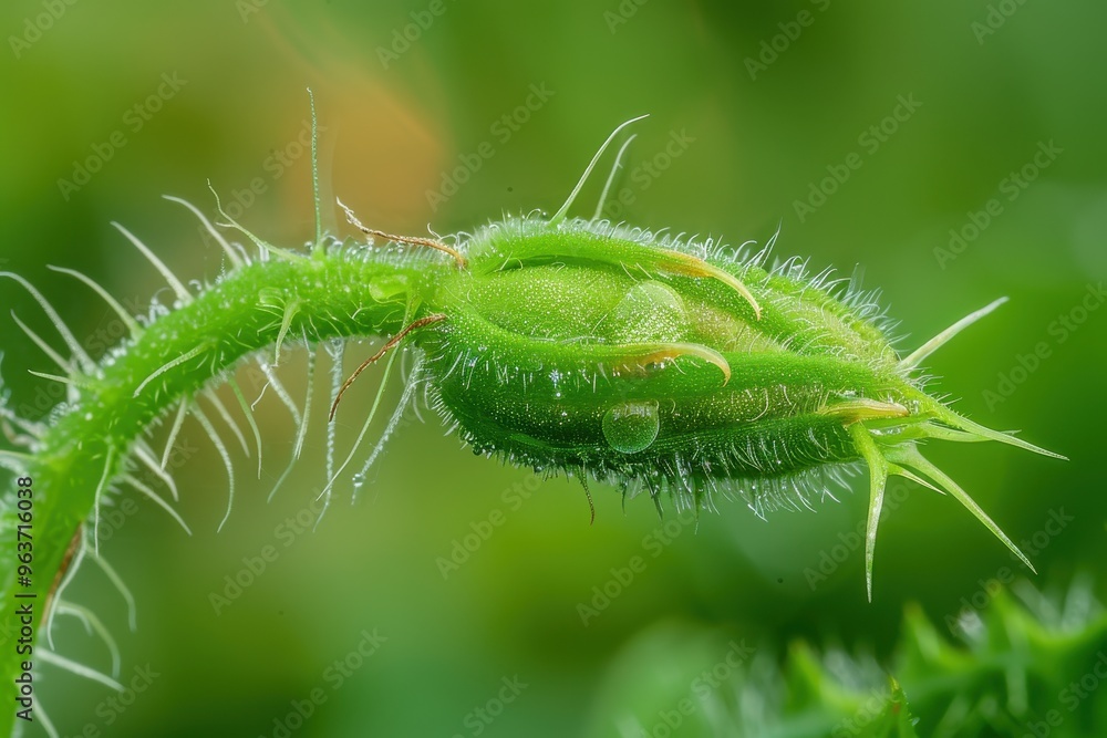 Close-up of a green rosebud emerging from a leaf, showcasing delicate hairs and water droplets in a lush garden setting during spring Close-up of a green rosebud emerging from a leaf, showcasing delicate hairs and water droplets in a lush garden setting during spring