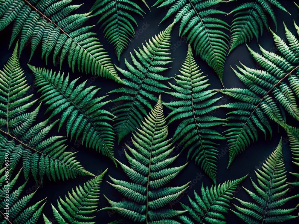 Envision a sophisticated and moody pattern of layered dark green ferns on a sleek black background, accentuating the subtle variations in color and texture between each leaf. Envision a sophisticated and moody pattern of layered dark green ferns on a sleek black background, accentuating the subtle variations in color and texture between each leaf.