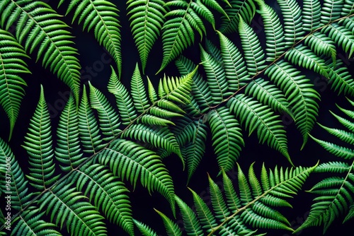 Depict a stylized pattern of dark green ferns with curved stems and feathery fronds, overlapping and intertwining on a striking black background, evoking a sense of movement and energy. photo