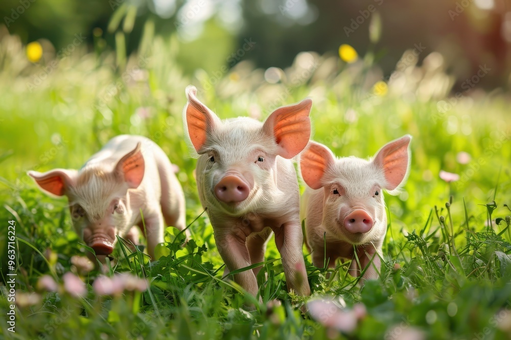 Playful piglets run through a green grass field during a sunny afternoon in a rural farm setting Playful piglets run through a green grass field during a sunny afternoon in a rural farm setting