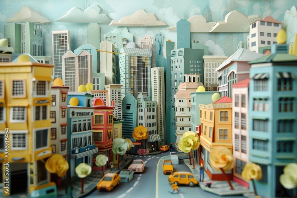 Colorful paper cityscape with detailed buildings, trees, and street activity, showcasing an artistic urban scene during daylight Colorful paper cityscape with detailed buildings, trees, and street activity, showcasing an artistic urban scene during daylight