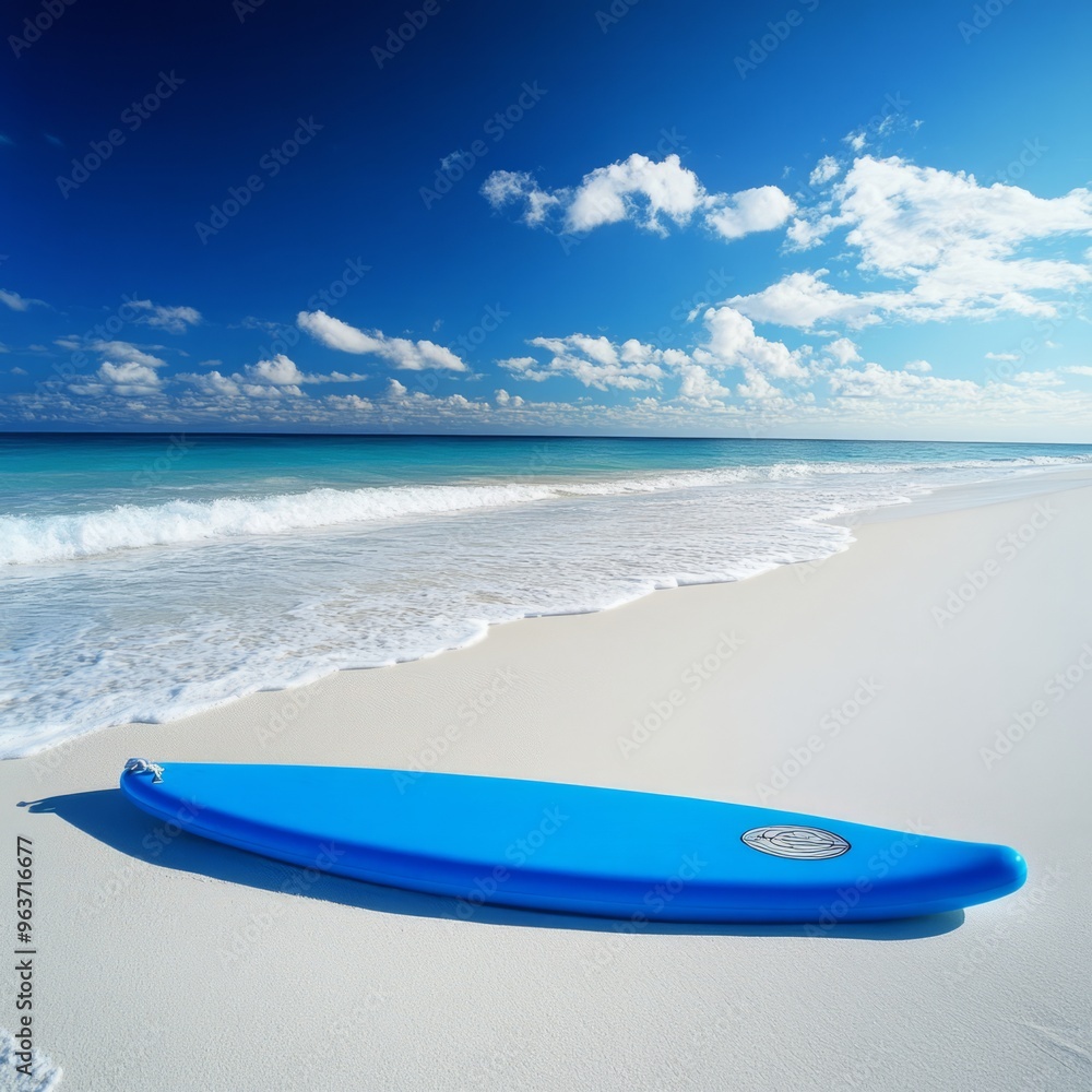 Serene Beachscape: Blue Paddleboard on Pristine White Sand Serene Beachscape: Blue Paddleboard on Pristine White Sand