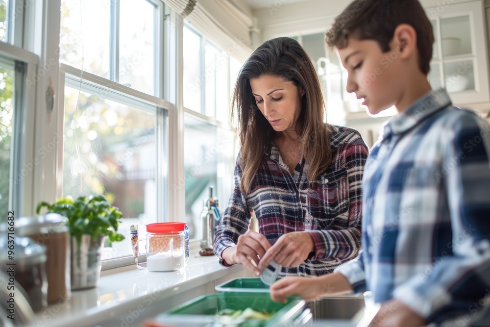 Mother Teaching Son to Use Digital Thermometer in Modern Airy Kitchen Mother Teaching Son to Use Digital Thermometer in Modern Airy Kitchen