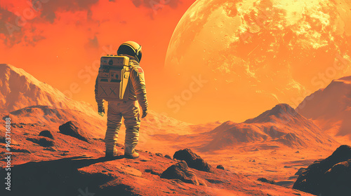 Fototapeta Naklejka Na Ścianę i Meble -  Astronaut mars planet space travel vintage retro illustration scifi adventure futuristic outdated cosmic exploration nostalgic. Retro. Illustration