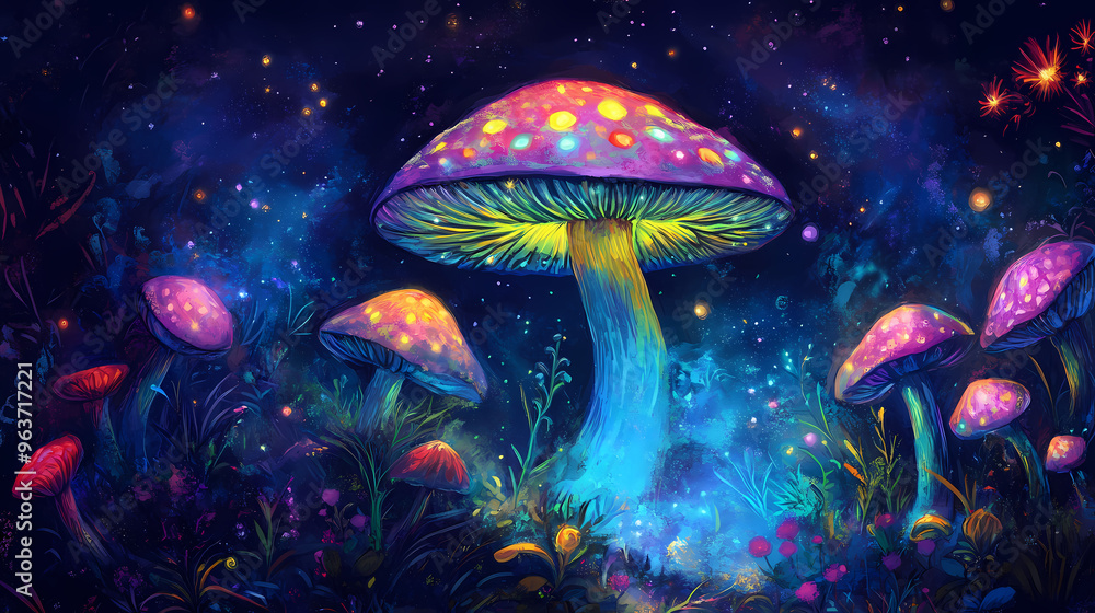 Naklejka premium A psychedelic painting of a mushroom and flowers in the night, ai. Psychedelic. Illustration