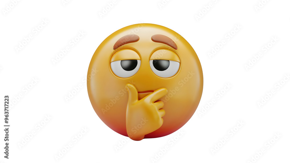 Fototapeta premium A 3D emoji with a thoughtful expression, hand on chin, and slightly raised eyebrows, as if deep in contemplation or suspicion
