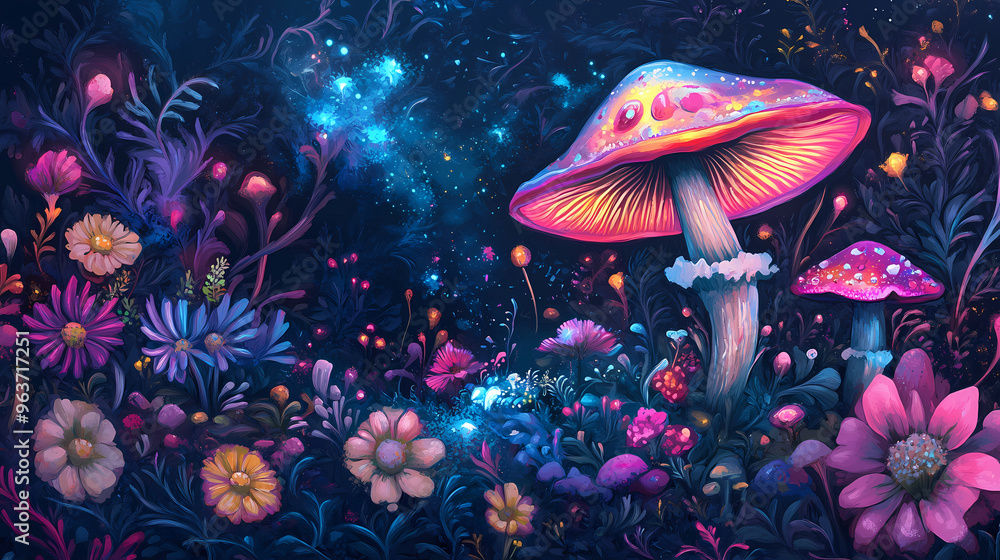 A psychedelic painting of a mushroom and flowers in the night, ai. Psychedelic. Illustration A psychedelic painting of a mushroom and flowers in the night, ai. Psychedelic. Illustration