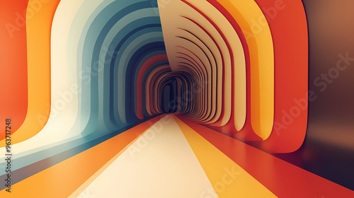 A strip of different colors going forward and rising on a wall, into a three-dimensional space. seventies retro vibe. Retro. Illustration photo