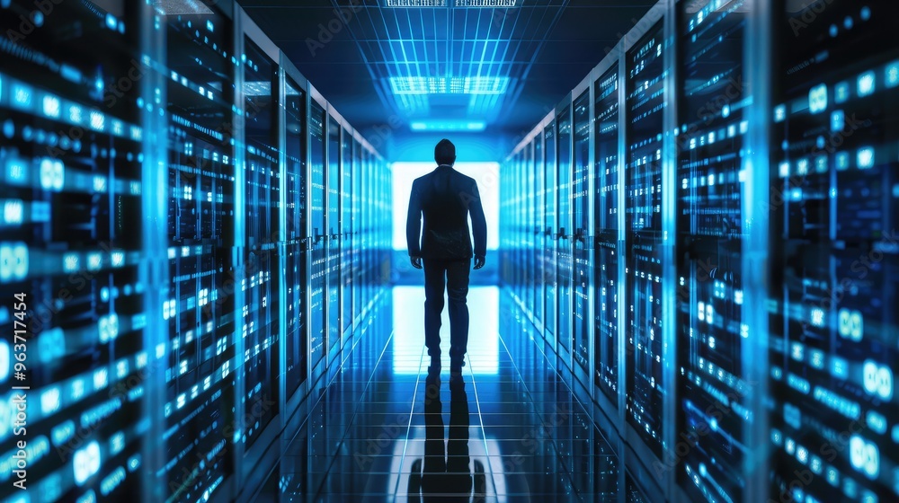 Man in Data Center with Glowing Server Racks Man in Data Center with Glowing Server Racks