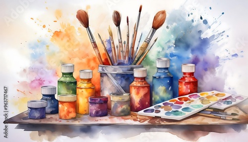 Art Class Supplies Scene - watercolor illustration of art class items assortment - paint tubes, brushes, paint palette, sketchbook, scattered sheets of paper. Graphic art illustration isolated