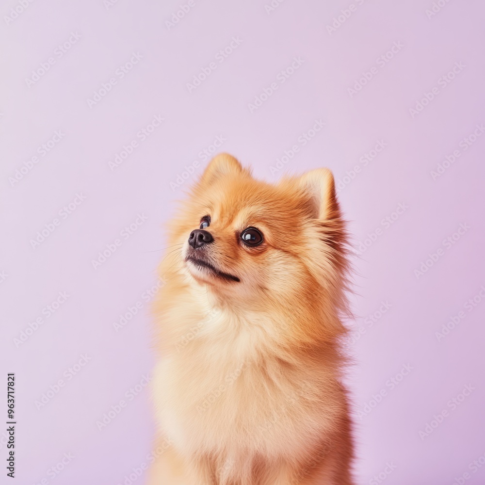 Fototapeta premium Adorable Pomeranian Puppy on Lavender Background - Perfect for Text Overlay