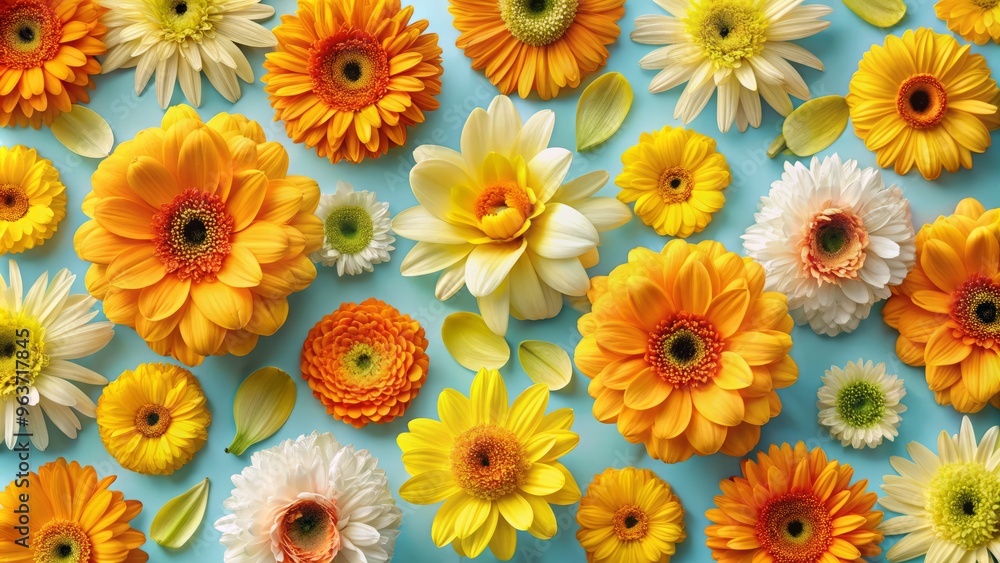 Design a charming floral pattern featuring a mix of bright yellow and orange blooms including narcissus and gerbera daisies arranged in a playful layered formation on a light blue background Design a charming floral pattern featuring a mix of bright yellow and orange blooms including narcissus and gerbera daisies arranged in a playful layered formation on a light blue background