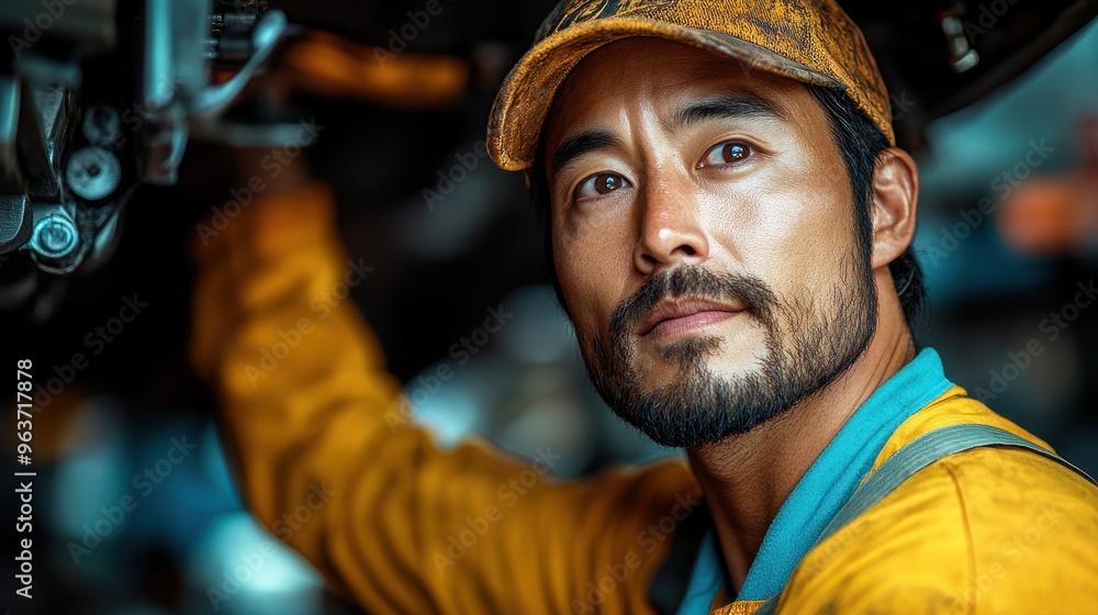Handsome Asian Car Mechanic Working Under the Hood of an Auto Repair Shop, Holding Up and Fixing the Underside of His Vehicle with Tools, Close-Up, Professional Photography
Handsome Asian Car Mechanic Working Under the Hood of an Auto Repair Shop, Holding Up and Fixing the Underside of His Vehicle with Tools, Close-Up, Professional Photography
