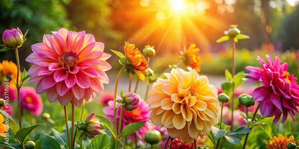 Vibrant flowers in a lush garden, bathed in warm sunlight, with delicate petals and leaves, and a sense of movement, as if gently swaying. Vibrant flowers in a lush garden, bathed in warm sunlight, with delicate petals and leaves, and a sense of movement, as if gently swaying.