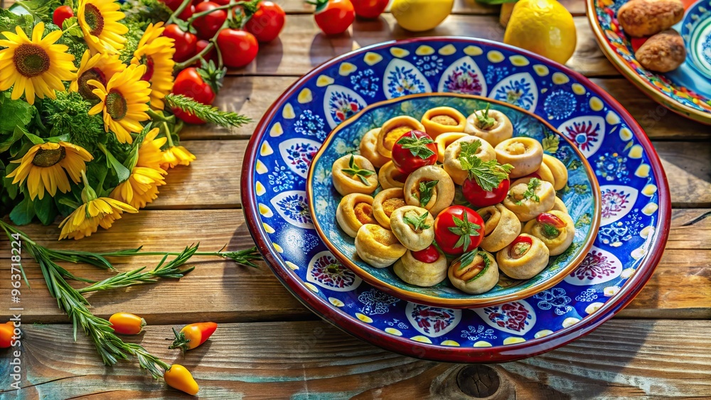 A bright and airy image of porzo arranged on a colorful ceramic plate, with gentle natural light and a sense of effortless elegance to evoke a feeling of summer freshness. A bright and airy image of porzo arranged on a colorful ceramic plate, with gentle natural light and a sense of effortless elegance to evoke a feeling of summer freshness.