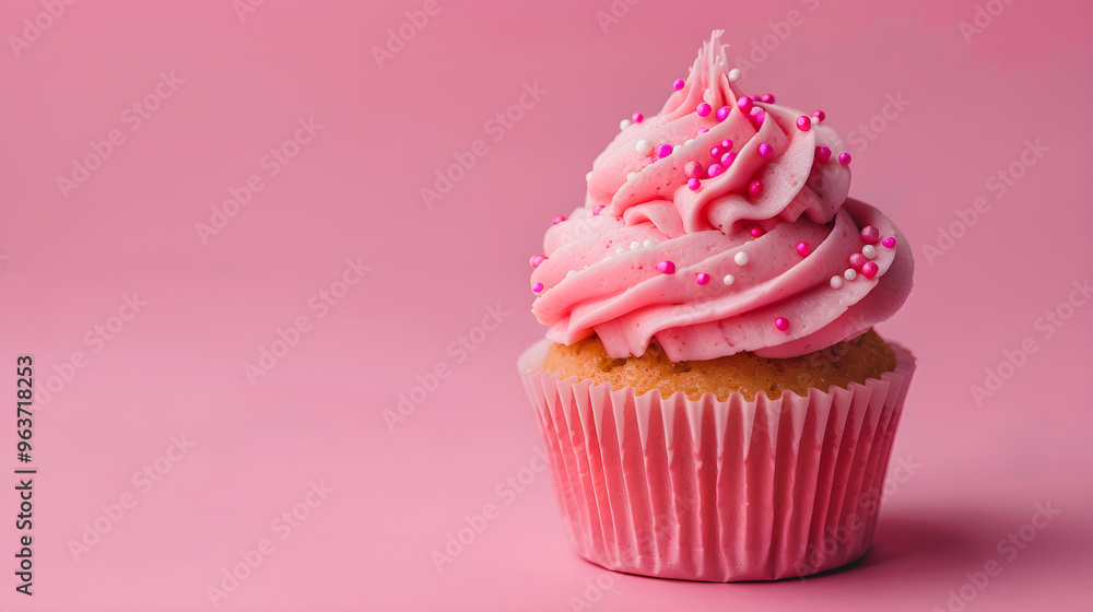 Delicious pink cupcake with sprinkles on a matching bubblegum pink background, sweet treat concept. Delicious pink cupcake with sprinkles on a matching bubblegum pink background, sweet treat concept.