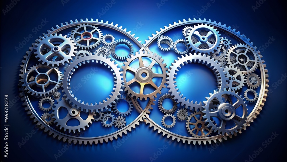 An intricate design of interlocking gears in a seamless loop, set against a deep blue gradient background, conveying the idea of infinite mechanical motion. An intricate design of interlocking gears in a seamless loop, set against a deep blue gradient background, conveying the idea of infinite mechanical motion.