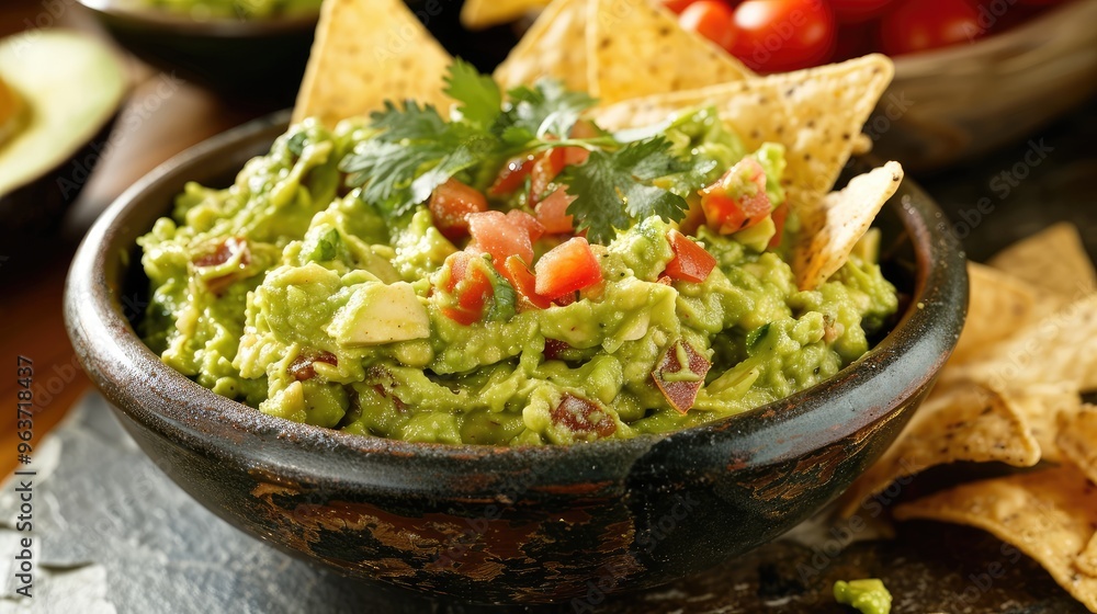 Fresh Guacamole with Crispy Tortilla Chips in a Rustic Bowl Fresh Guacamole with Crispy Tortilla Chips in a Rustic Bowl