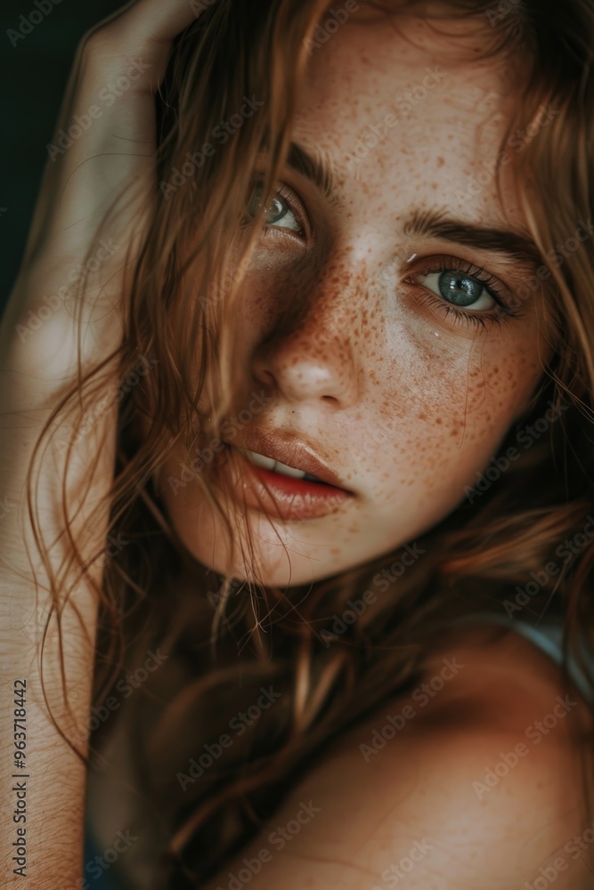 Close-up portrait of a woman with freckles on her face Close-up portrait of a woman with freckles on her face