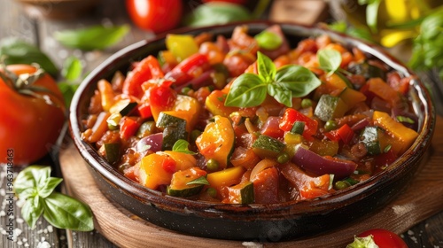 Vibrant Vegetable Stew with Fresh Basil and Colorful Peppers