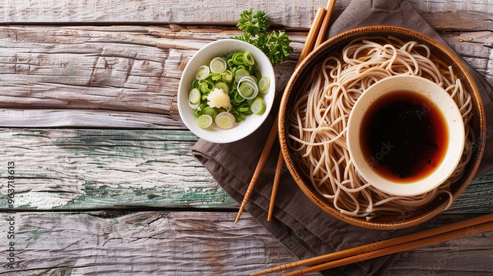 Delicious Soba Noodles with Dipping Sauce and Garnishes Delicious Soba Noodles with Dipping Sauce and Garnishes